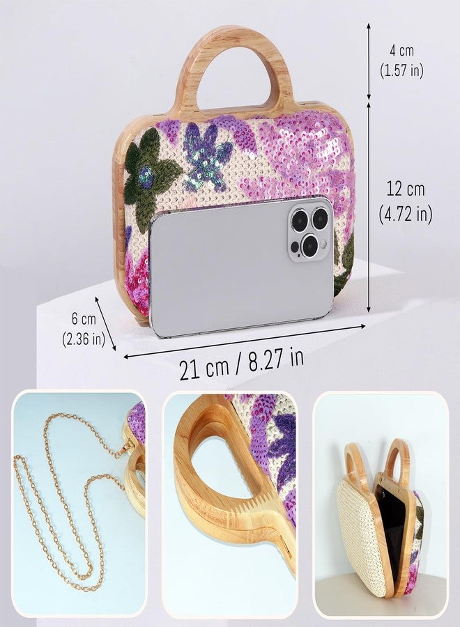 VNIMTI Floral Embroidery Sequin Clutch Evening Bag, Straw Beaded Purse for Women, Cute Ladies Wooden Handbag with Chain for Wedding, Party - Image 5